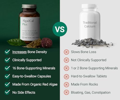 ALGAECAL Organic Red Algae Calcium Supplement for Bone Density, Vitamin K2 MK7 (100mg), Vitamin D3 (1600 IU), Magnesium (350mg) & Trace Minerals & Strength, Easy to Swallow, 120 Veggie Caps