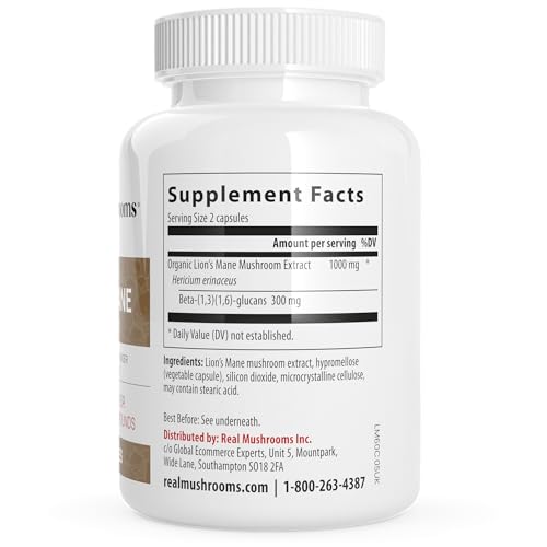 Real Mushrooms Lion’s Mane Supplement Capsules - Organic Lions Mane Extract for Overall Wellbeing - Beta Glucan Supplements – Vegan 300 ct Mushroom Extract