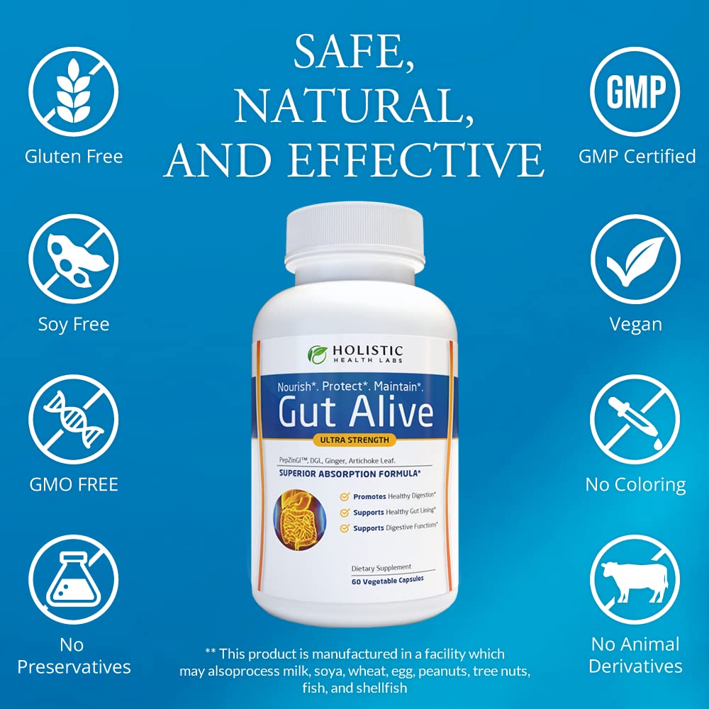 Gut Alive - All Natural Support to Fight IBS, Heartburn, Acid Indigestion, Acid Reflux, Bloating & Gas. Unique Formulation (60 Count (Pack of 2))