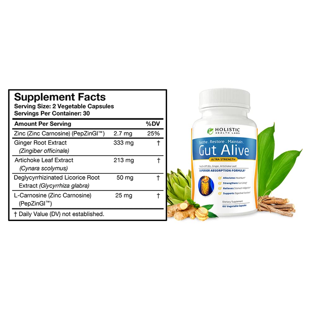 Gut Alive - All Natural Support to Fight IBS, Heartburn, Acid Indigestion, Acid Reflux, Bloating & Gas. Unique Formulation (60 Count (Pack of 2))