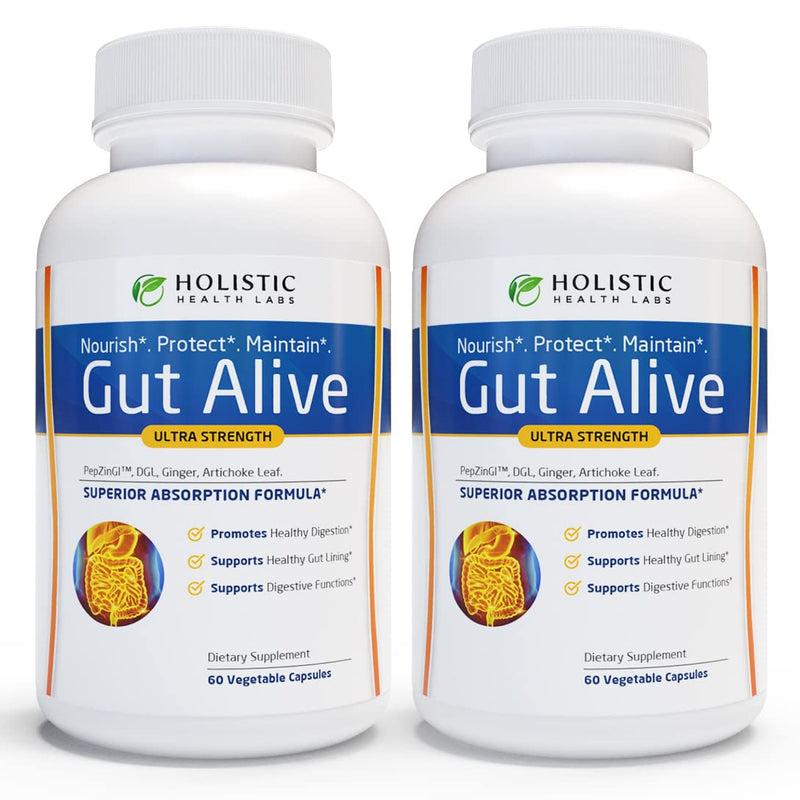 Gut Alive - All Natural Support to Fight IBS, Heartburn, Acid Indigestion, Acid Reflux, Bloating & Gas. Unique Formulation 60 count