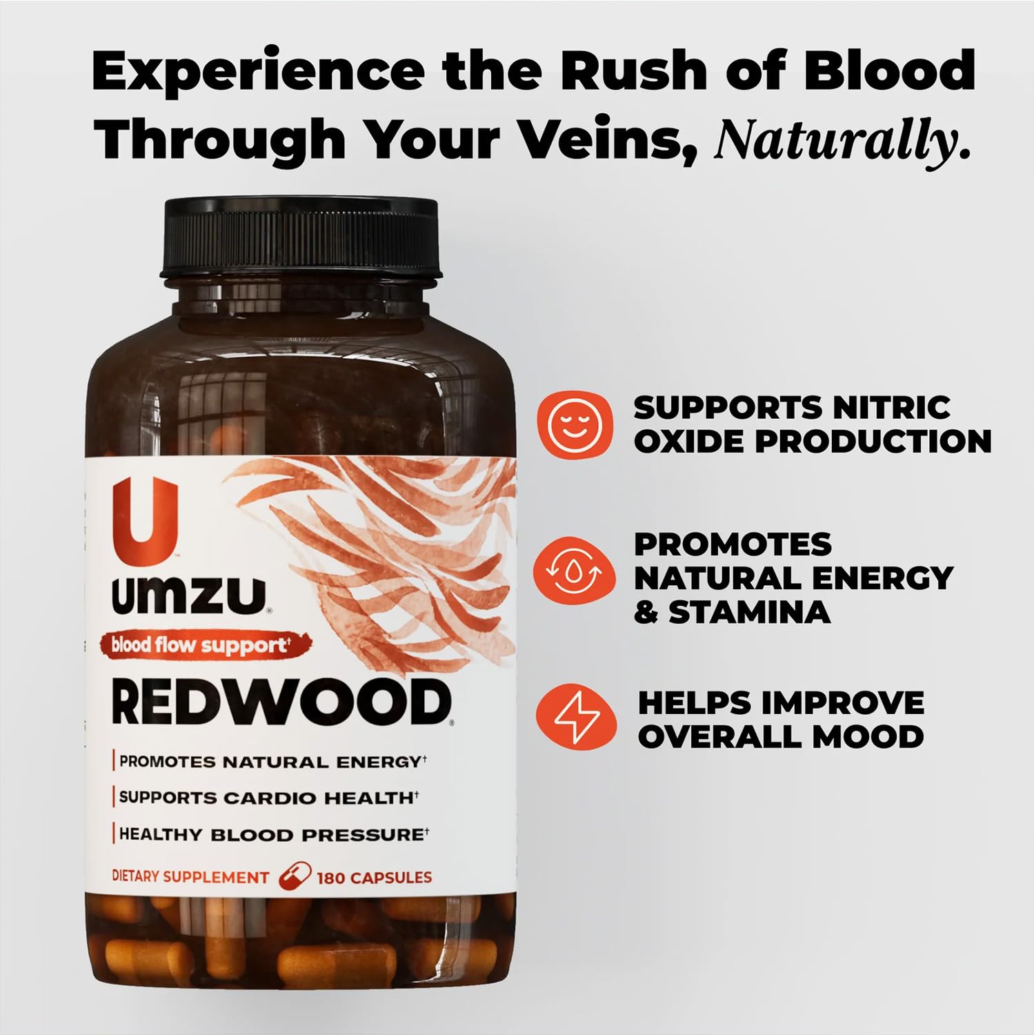 UMZU Redwood Max Nitric Oxide Booster, Blood Flow & Circulation Support for Men & Women, Energy, Stamina & Recovery – Heart & Varicose Vein Supplement – 2 Capsules Daily – 60 Count