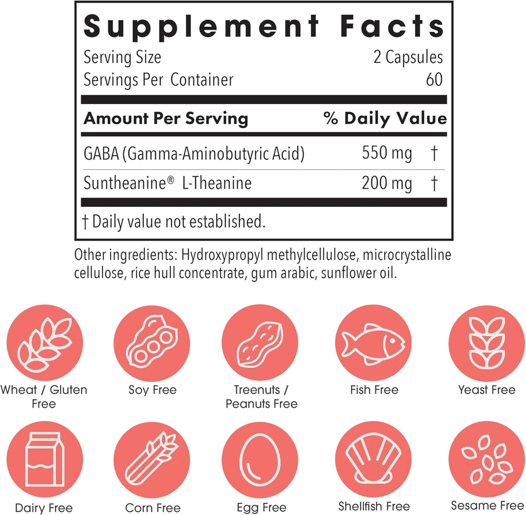 Allergy Research Group 200 mg of Zen - GABA L-Theanine Supplement, Natural Calm, Sleep & Relax Support for Women & Men, Take Day or Night for Relaxation & Calm Energy - 120 Vegetarian Capsules