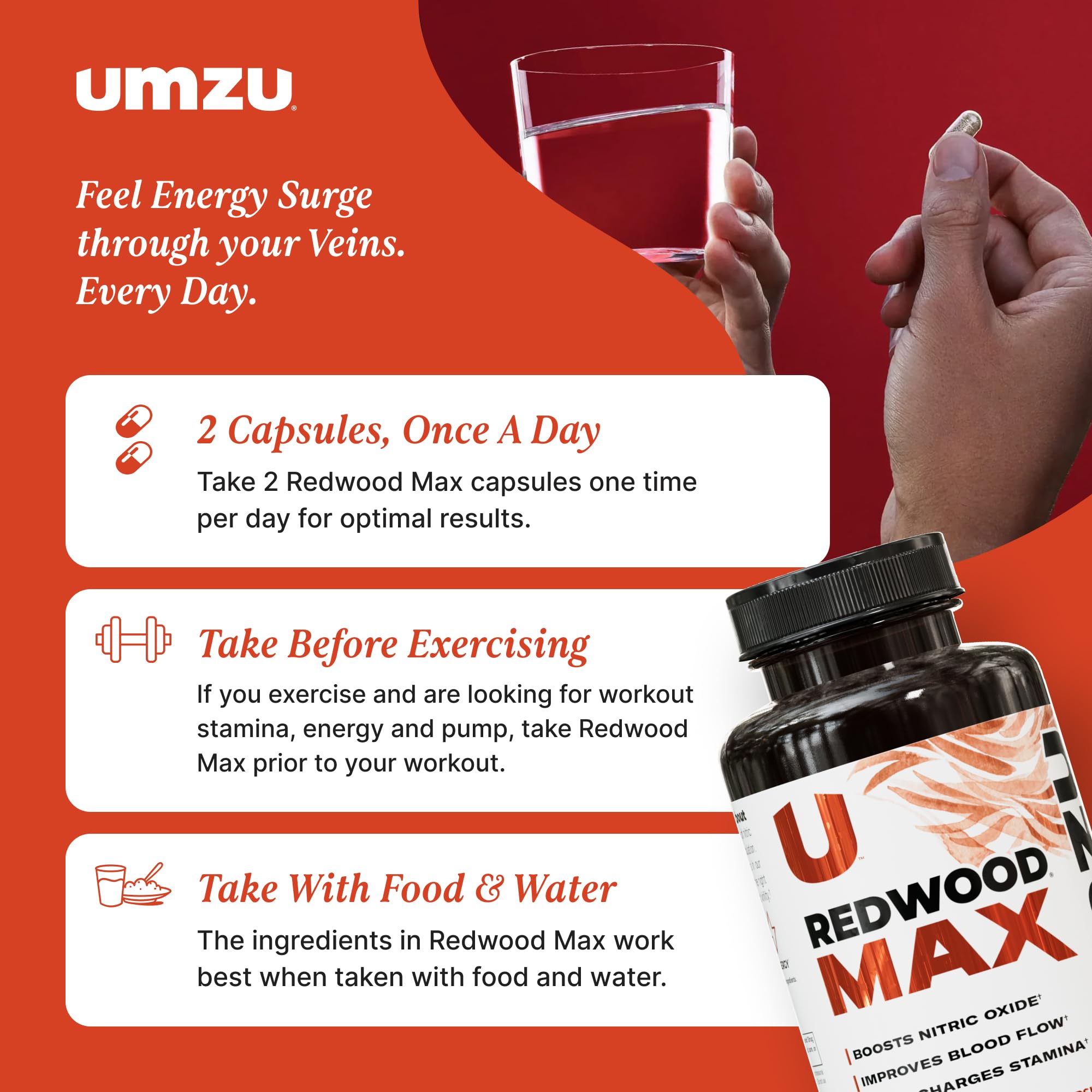 UMZU Redwood Max Nitric Oxide Booster, Blood Flow & Circulation Support for Men & Women, Energy, Stamina & Recovery – Heart & Varicose Vein Supplement – 2 Capsules Daily – 60 Count