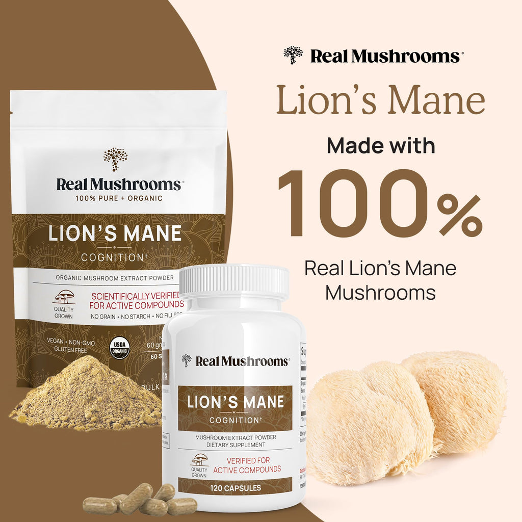 Real Mushrooms Lion’s Mane Supplement Capsules - Organic Lions Mane Extract for Overall Wellbeing - Beta Glucan Supplements – Vegan 300 ct Mushroom Extract