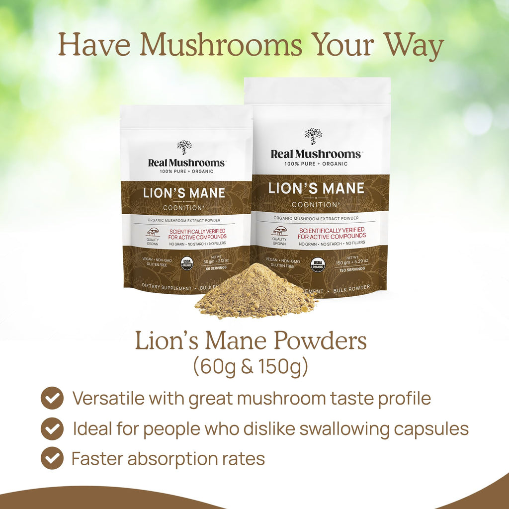 Real Mushrooms Lion’s Mane Supplement Capsules - Organic Lions Mane Extract for Overall Wellbeing - Beta Glucan Supplements – Vegan 300 ct Mushroom Extract
