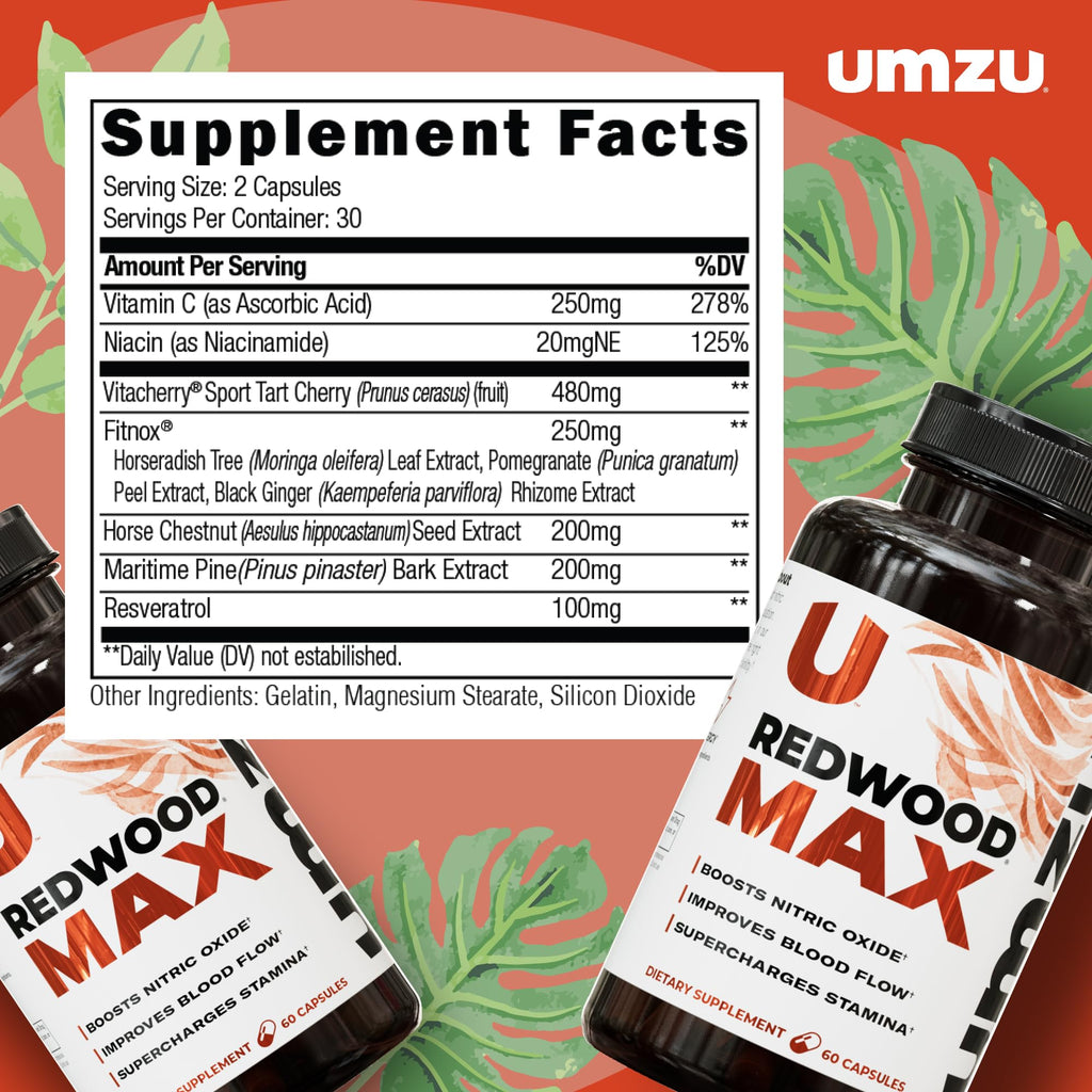 UMZU Redwood Max Nitric Oxide Booster, Blood Flow & Circulation Support for Men & Women, Energy, Stamina & Recovery – Heart & Varicose Vein Supplement – 2 Capsules Daily – 60 Count