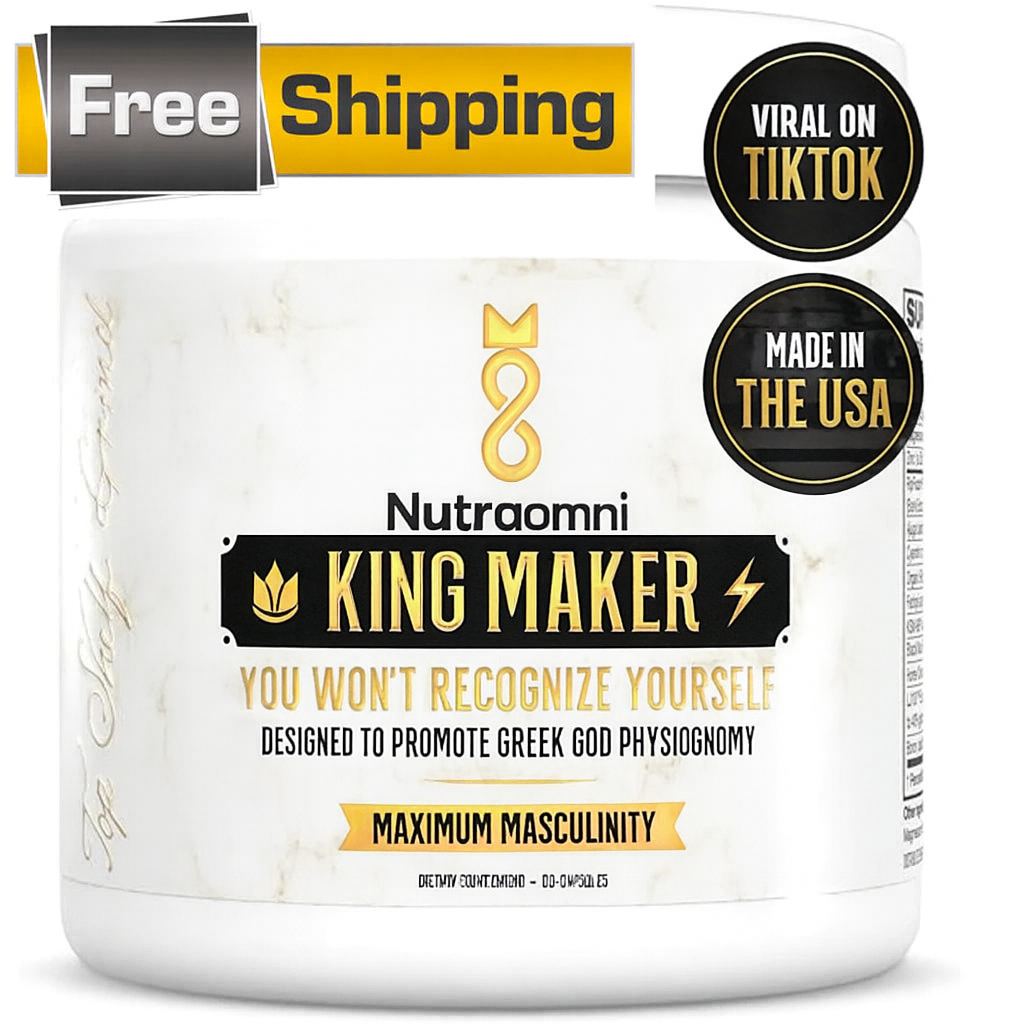 Nutraomni King Maker supplement container with branding and promotional text on a white background