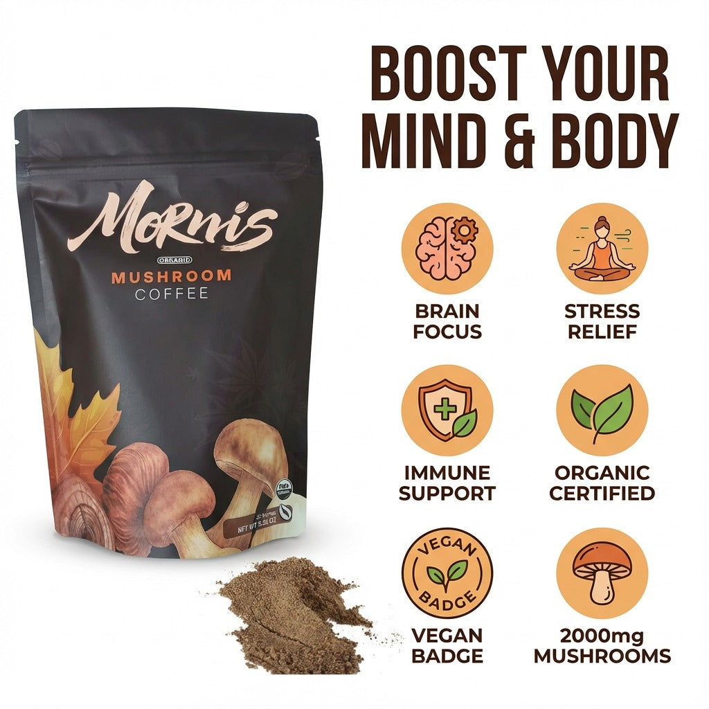 Mornis Mushroom Coffee package with product and benefits displayed on a white background